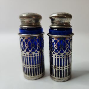 Vintage Cobalt Blue Salt & Pepper Shakers, Silver Plate Filigree Leonard,  Japan